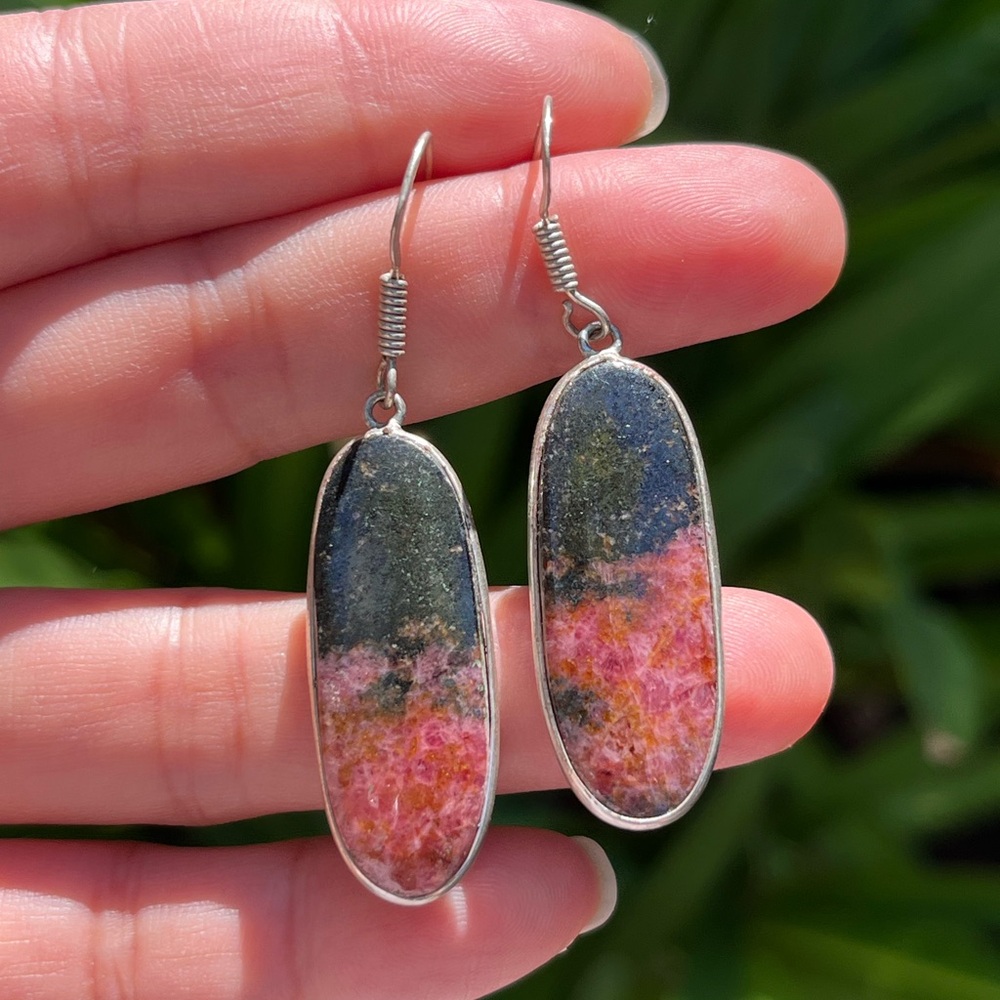 925 silver plated‎ pink rhodonite drop earrings 0293